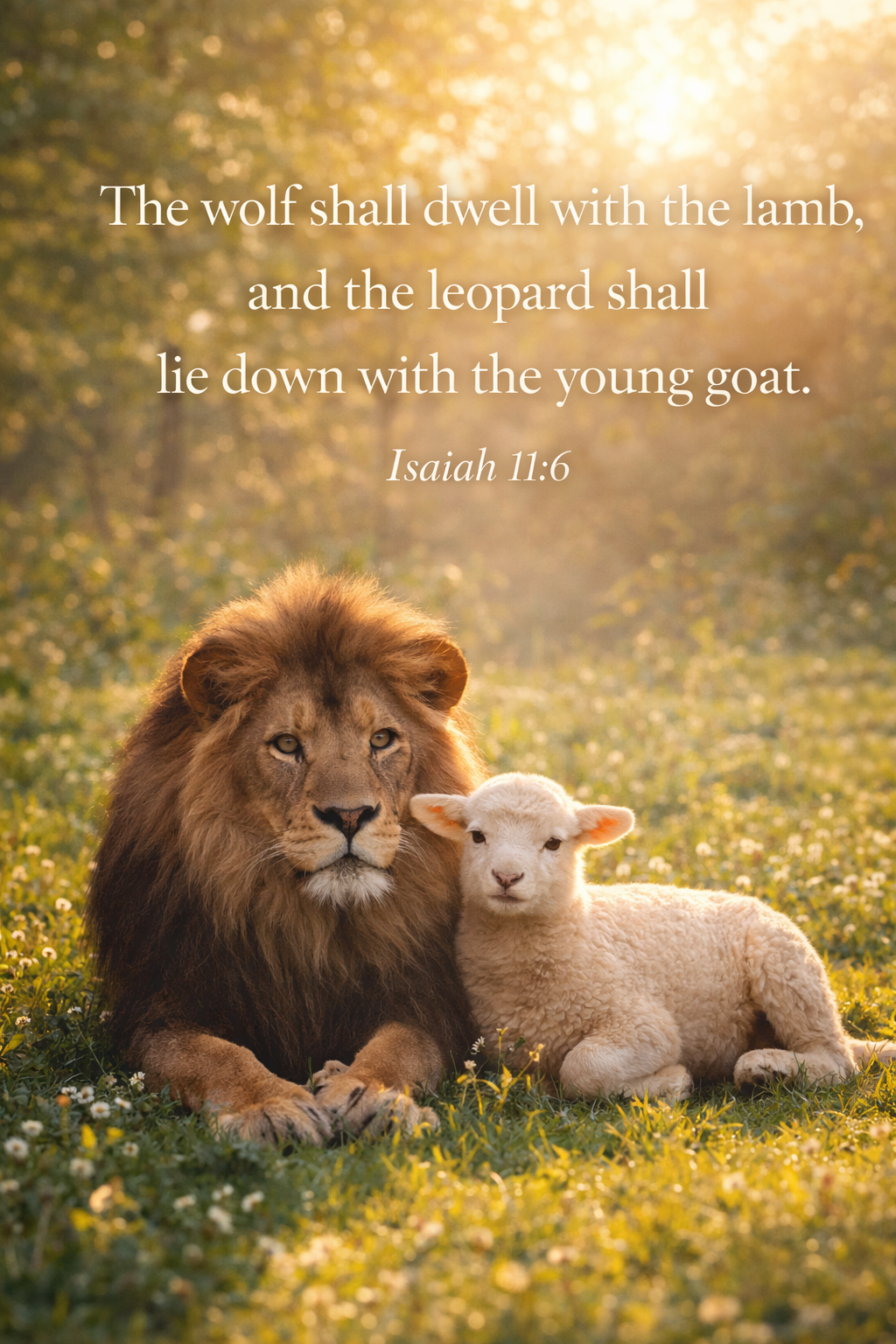 Bible Verse Wallpaper -- Lion and Lamb in Peace (Vertical)